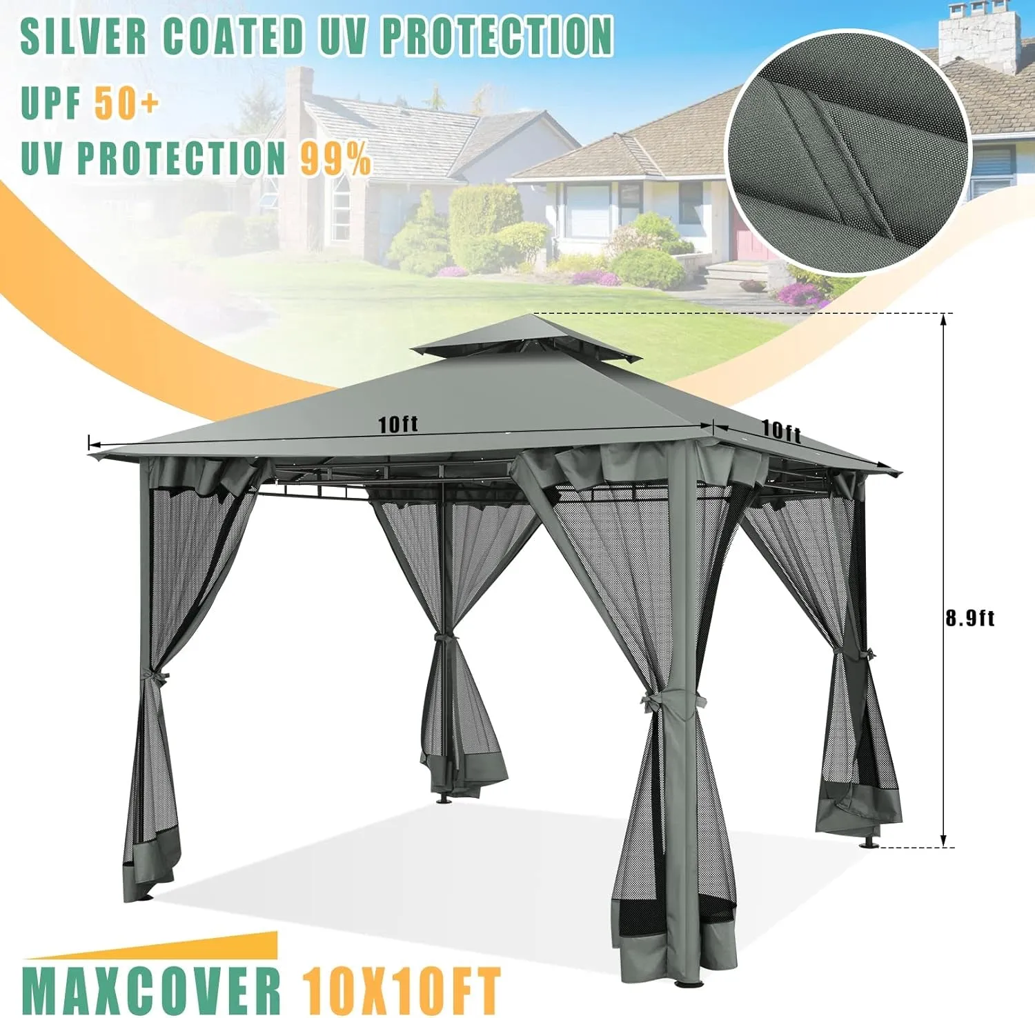 10X10 Gazebo on Clearance, Outdoor Gazebo Tent with Mosquito Netting and Ventilated Double Flat Roof, Patio Gazebo with Stable Metal Frame, Easy-Up Canopy for Backyard, Gray (Upgraded 2.0)