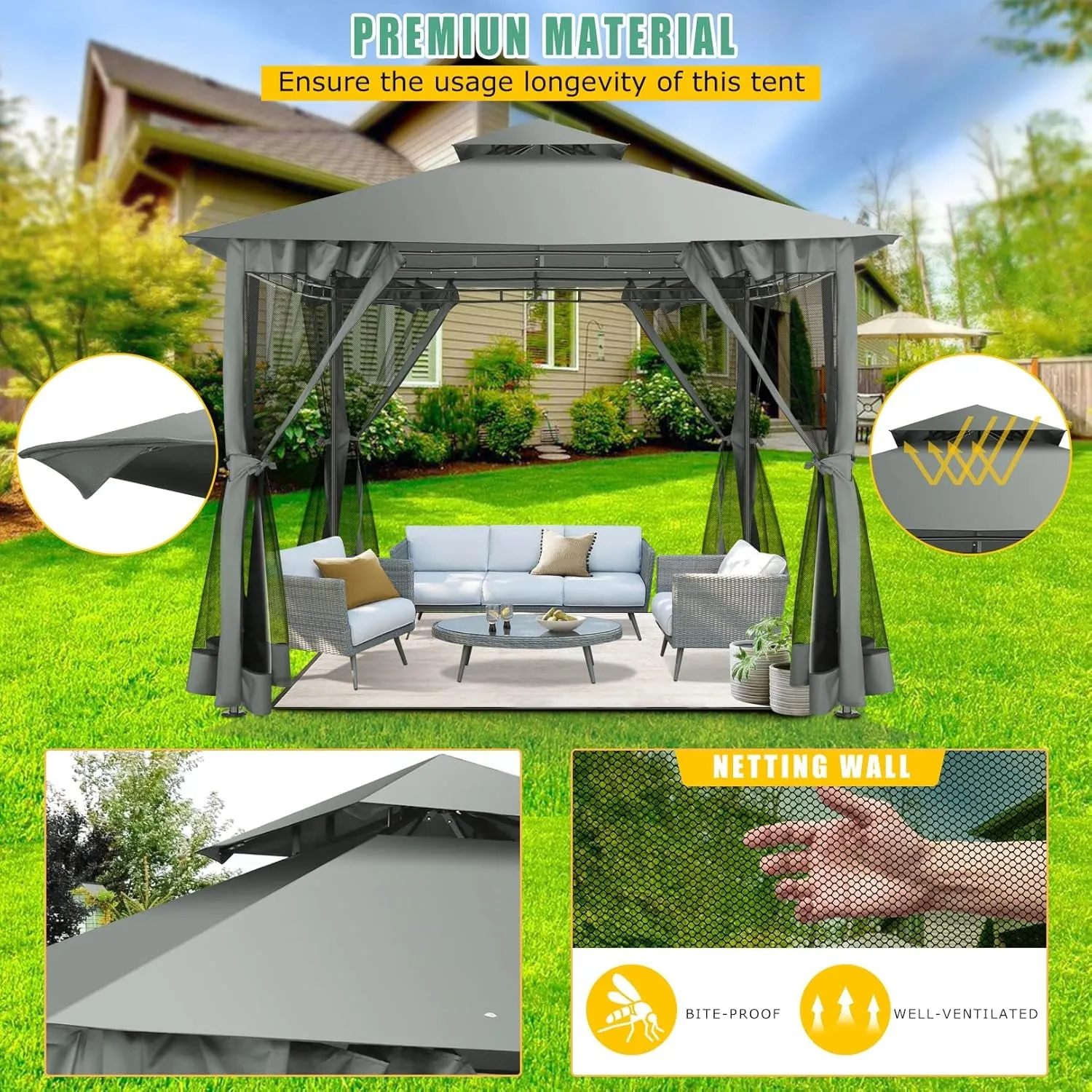 10X10 Gazebo on Clearance, Outdoor Gazebo Tent with Mosquito Netting and Ventilated Double Flat Roof, Patio Gazebo with Stable Metal Frame, Easy-Up Canopy for Backyard, Gray (Upgraded 2.0)