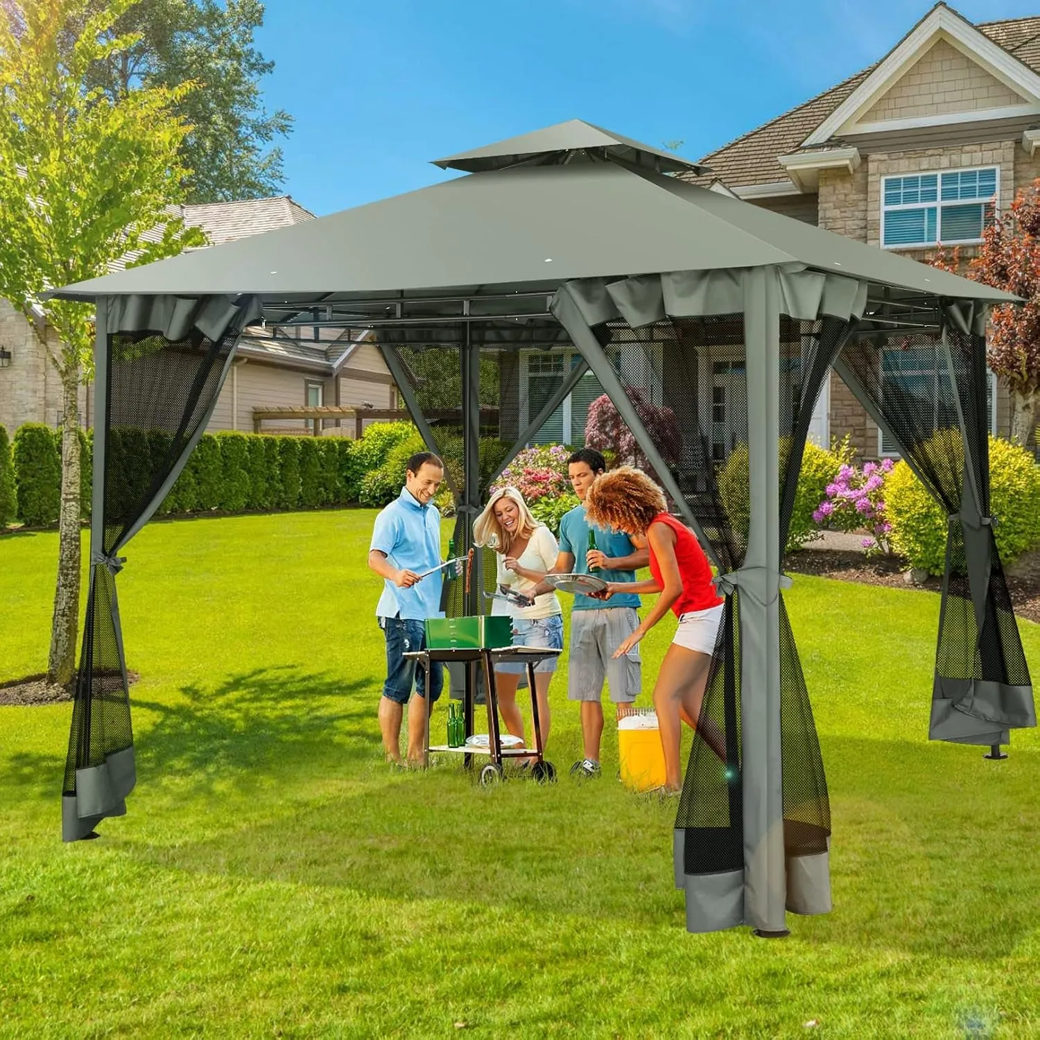 10X10 Gazebo on Clearance, Outdoor Gazebo Tent with Mosquito Netting and Ventilated Double Flat Roof, Patio Gazebo with Stable Metal Frame, Easy-Up Canopy for Backyard, Gray (Upgraded 2.0)