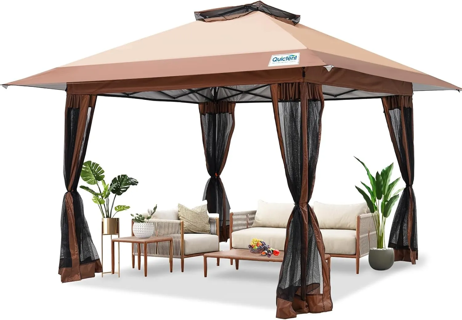 13'X13’ Pop up Gazebo with Mosquito Netting, One Person Set up Outdoor Canopy Tent, Easy up Screened House Tent Shelter Vented for Patio, Backyard or Outdoor, Khaki Brown