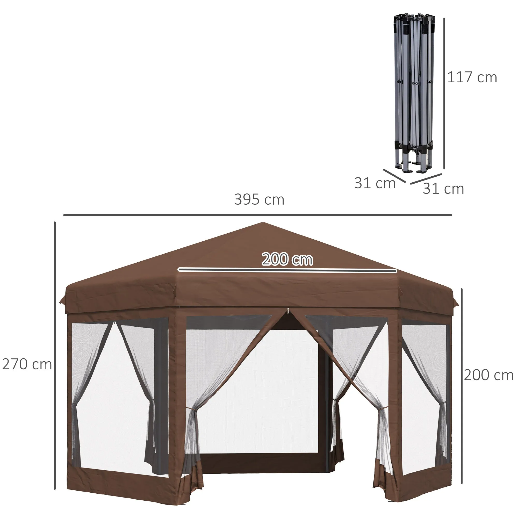 3x3.5m Hexagonal Pop Up Gazebo Party Canopy Height Adjustable Tent Sun Shelter w/ Mosquito Netting Zipped Door, Brown