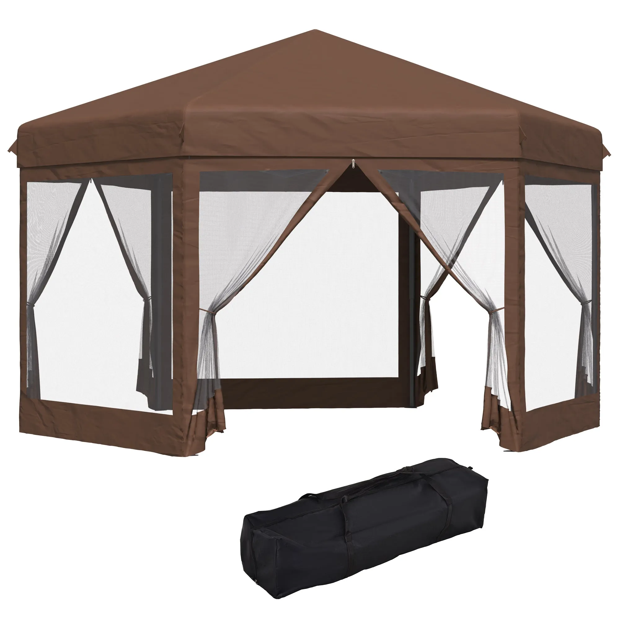 3x3.5m Hexagonal Pop Up Gazebo Party Canopy Height Adjustable Tent Sun Shelter w/ Mosquito Netting Zipped Door, Brown