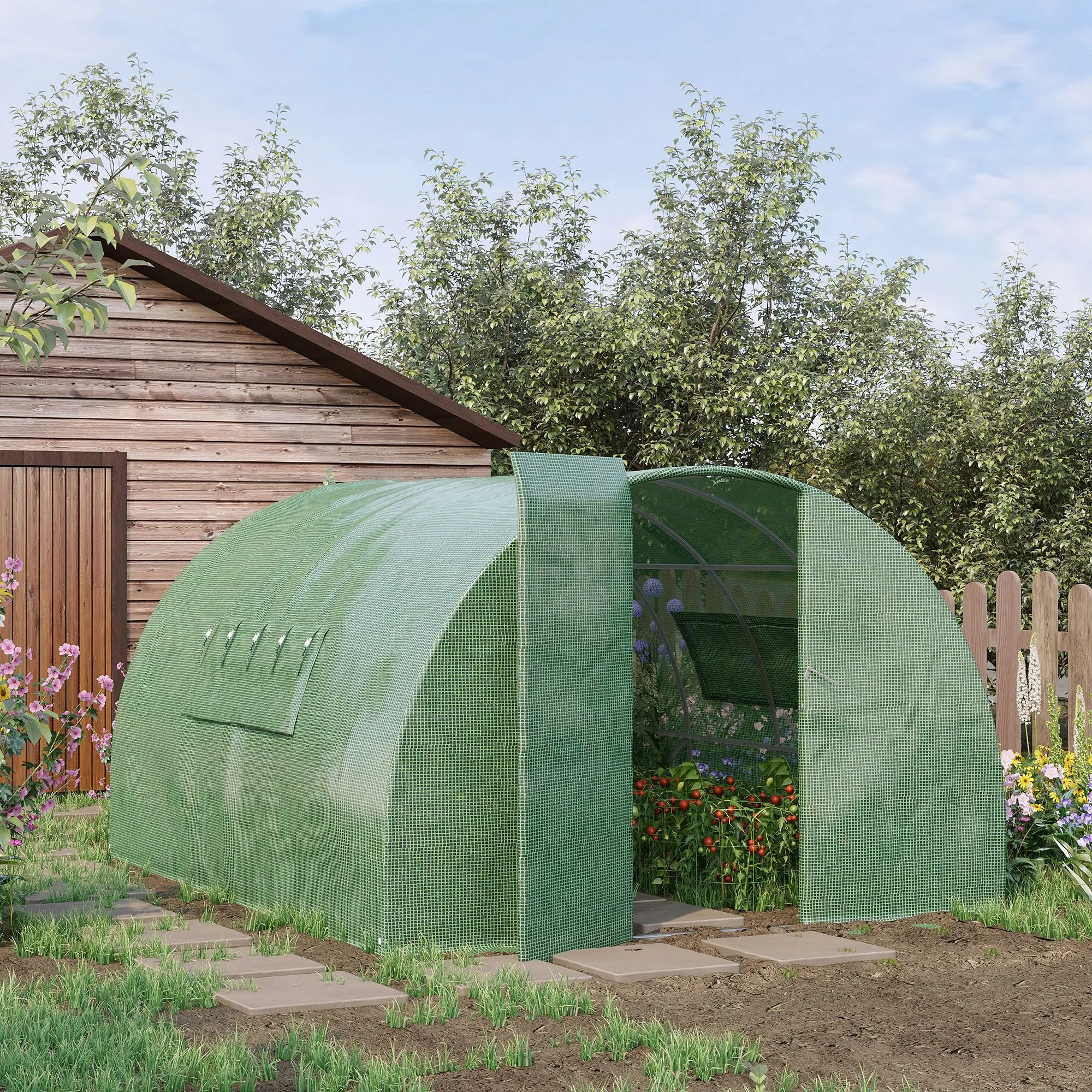 4 x 3 x 2 m Walk-In Greenhouse Reinforced Polytunnel Greenhouse with Metal Hinged Door, Steel Frame and Mesh Windows, Green