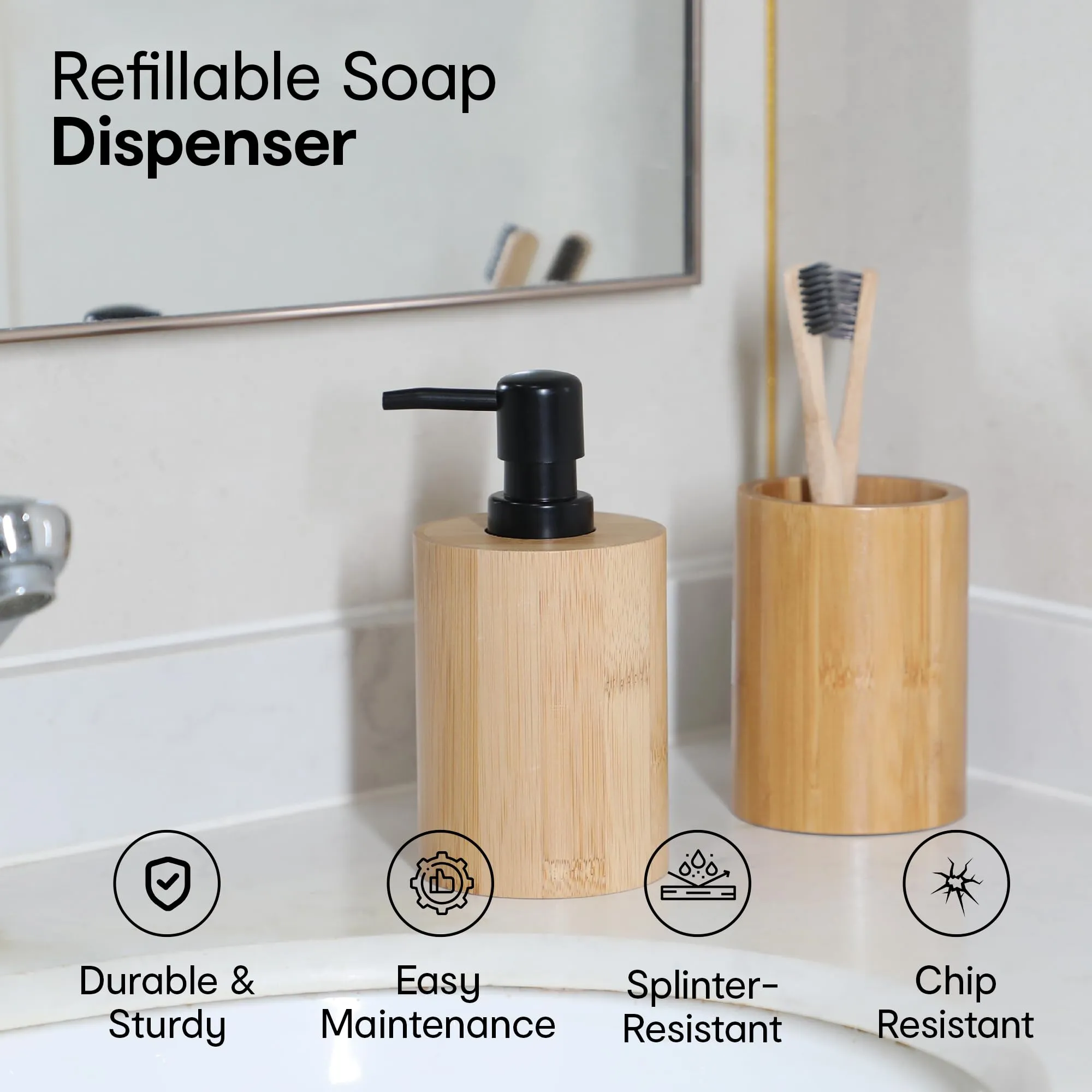 Anko Round Bamboo Soap Dispenser | Elegant and Functional Bathroom Accessory | Natural Look| Easy to Clean| Aesthetic Bayhroom Decor 250ml Capacity