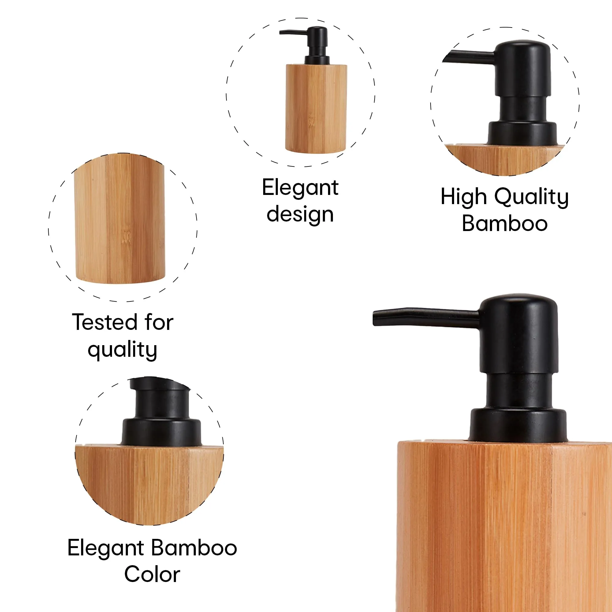 Anko Round Bamboo Soap Dispenser | Elegant and Functional Bathroom Accessory | Natural Look| Easy to Clean| Aesthetic Bayhroom Decor 250ml Capacity