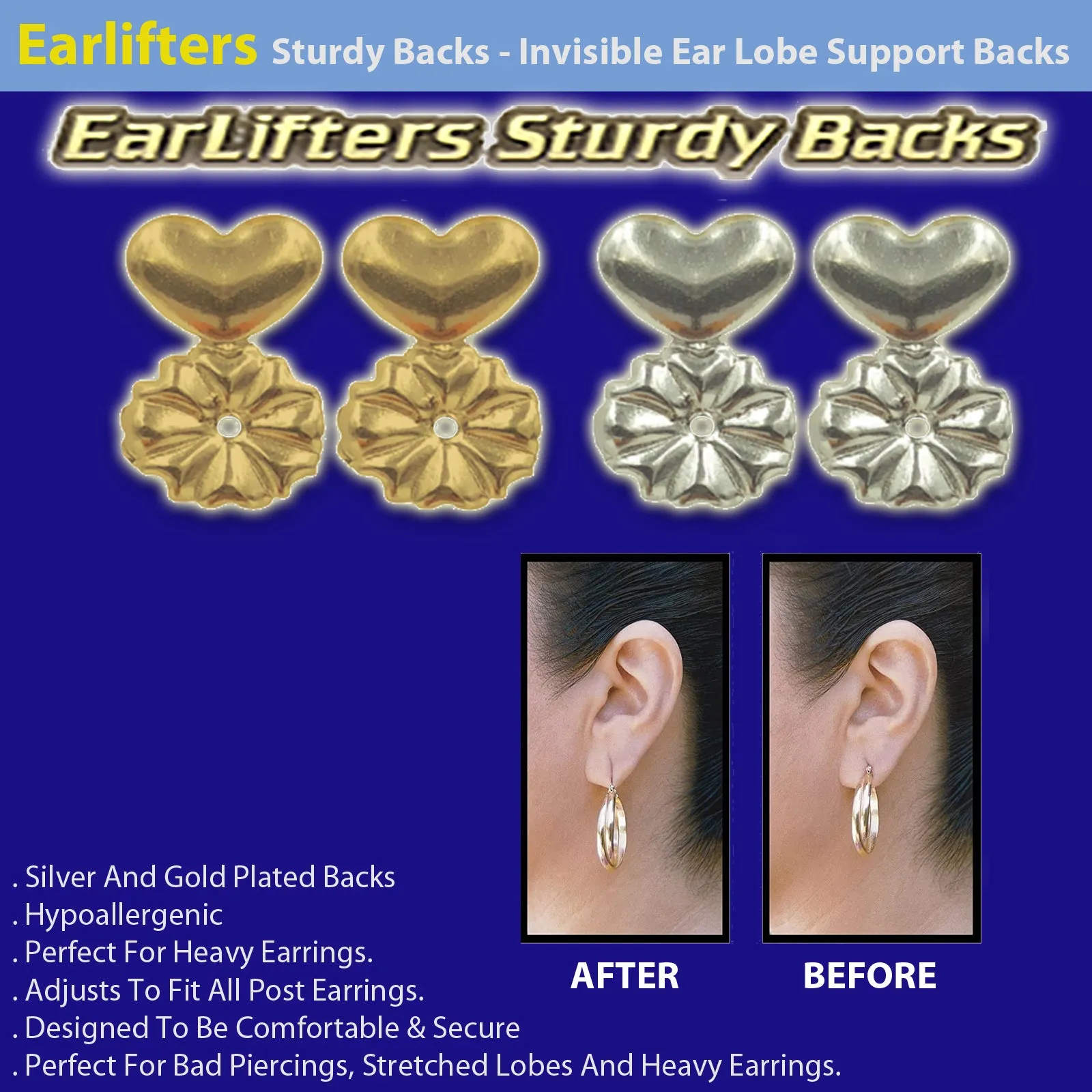 Earlifters Sturdy Backs - Invisible Ear Lobe Support Backs