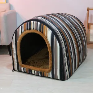 Homestic Foldable Igloo Dog House | Soft & Adjustable Travel Pet Shelter for Cat & Rabbits with Sleeping Bed | Cave Bed Tent Shelter for Pets | Medium - Beige & Black Stripes