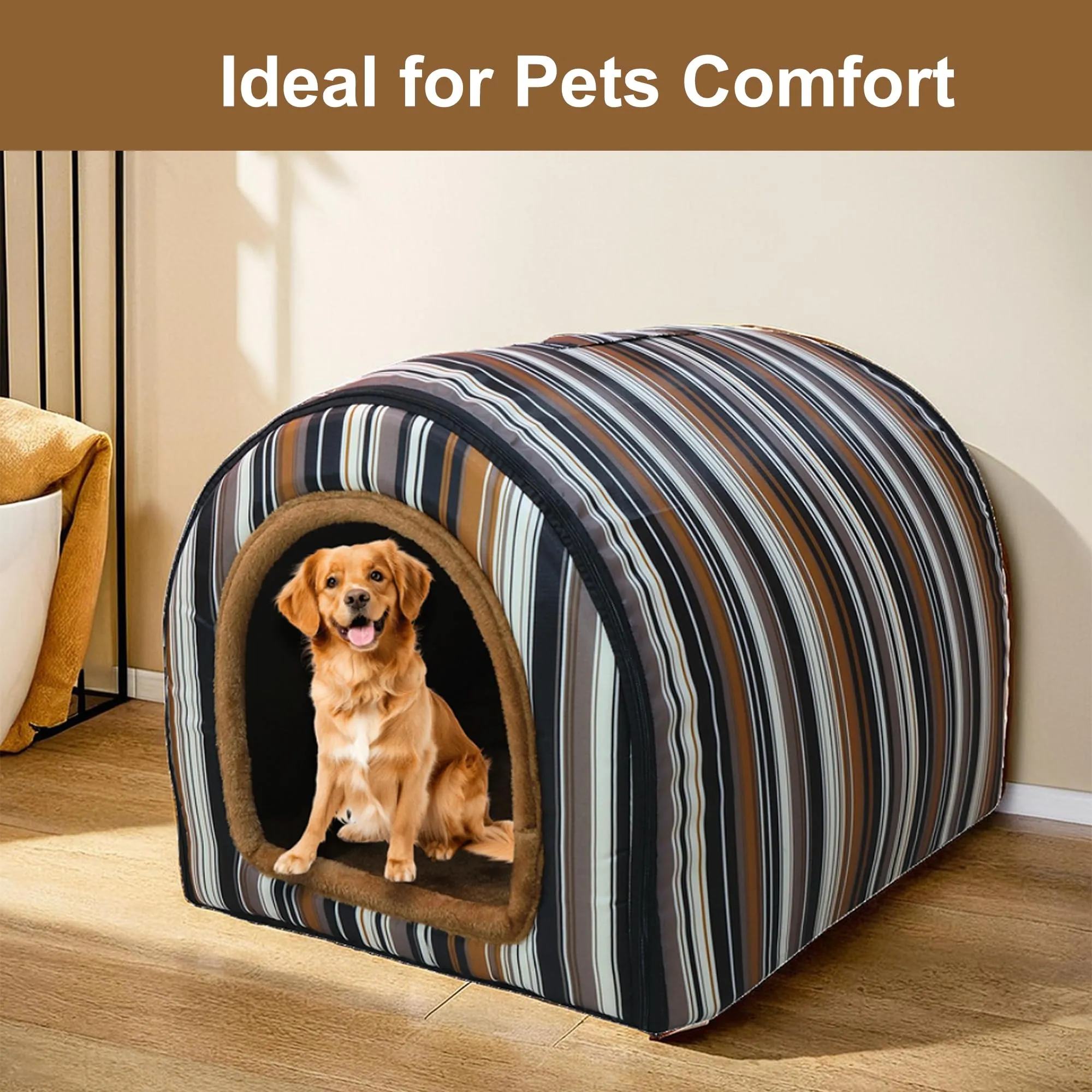 Homestic Foldable Igloo Dog House | Soft & Adjustable Travel Pet Shelter for Cat & Rabbits with Sleeping Bed | Cave Bed Tent Shelter for Pets | Medium - Beige & Black Stripes