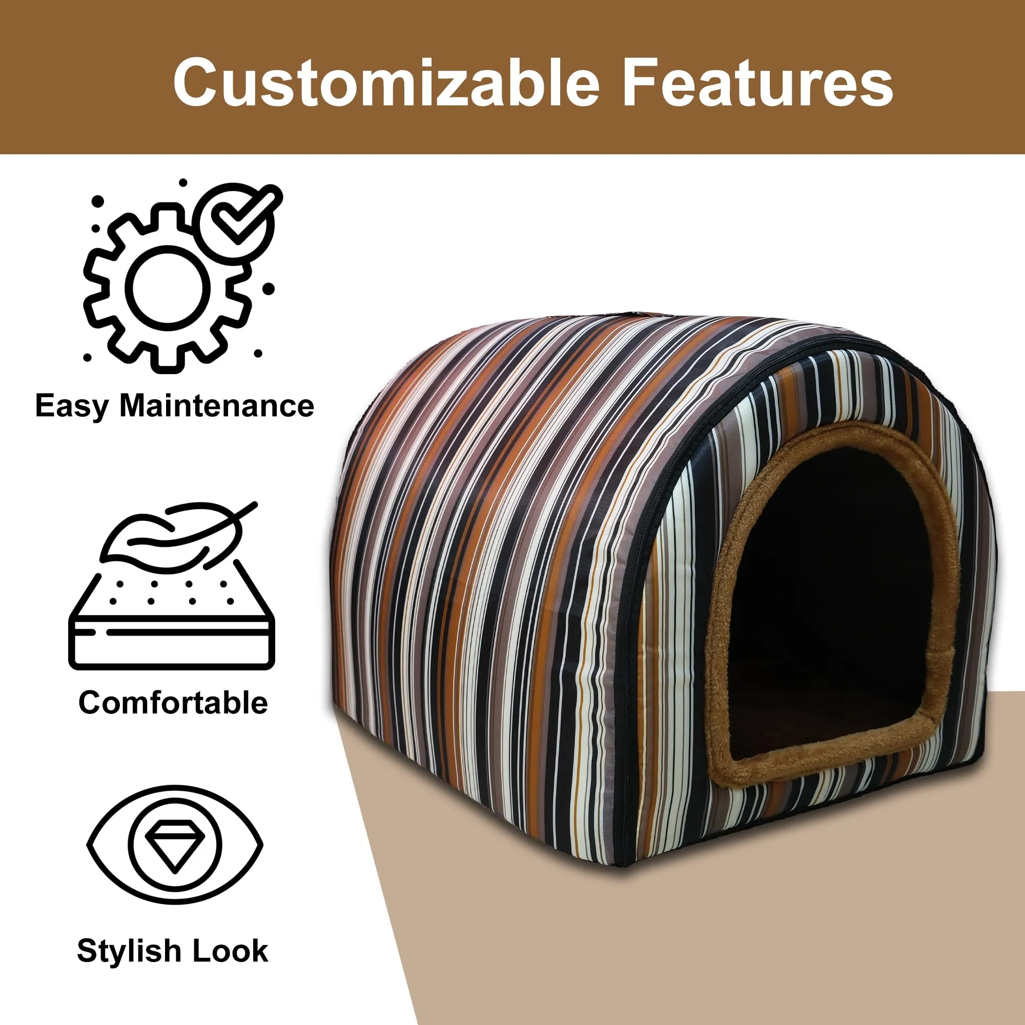 Homestic Foldable Igloo Dog House | Soft & Adjustable Travel Pet Shelter for Cat & Rabbits with Sleeping Bed | Cave Bed Tent Shelter for Pets | Medium - Beige & Black Stripes