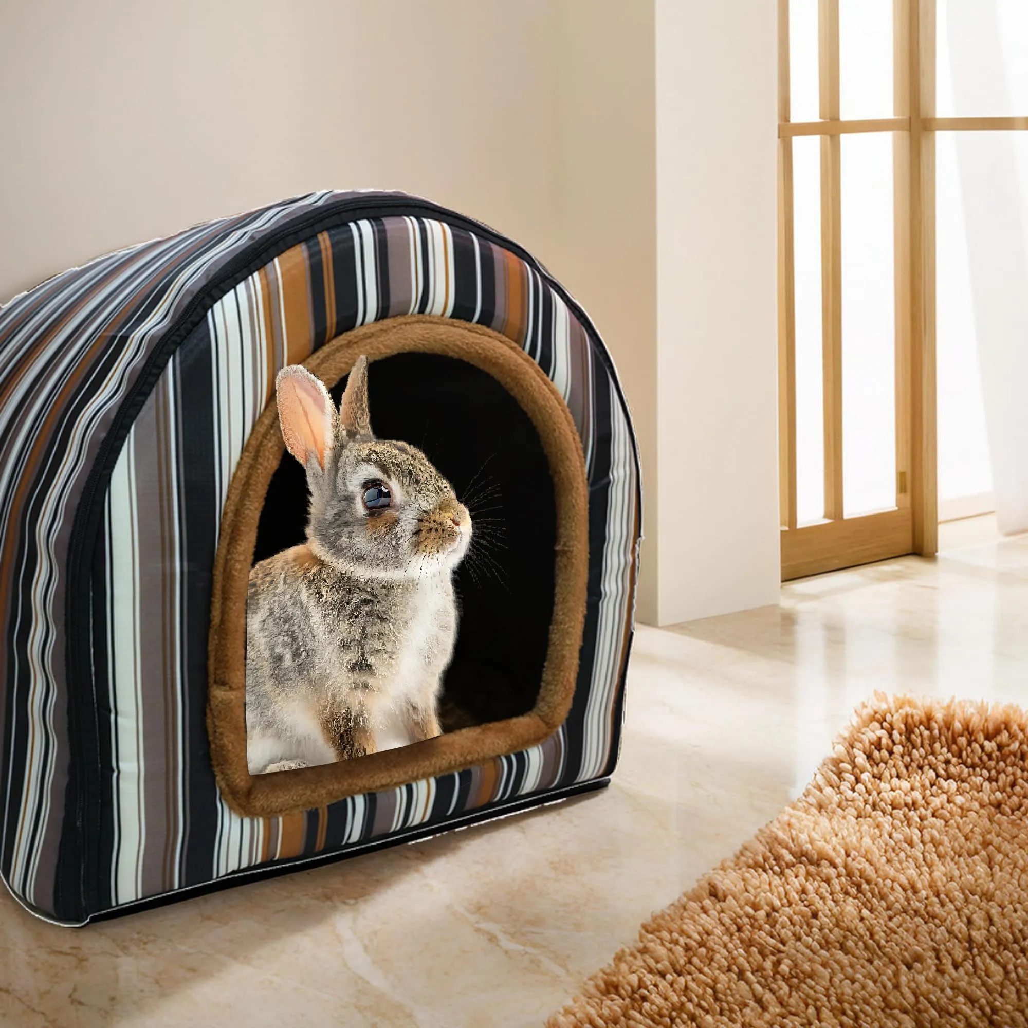 Homestic Foldable Igloo Dog House | Soft & Adjustable Travel Pet Shelter for Cat & Rabbits with Sleeping Bed | Cave Bed Tent Shelter for Pets | Medium - Beige & Black Stripes