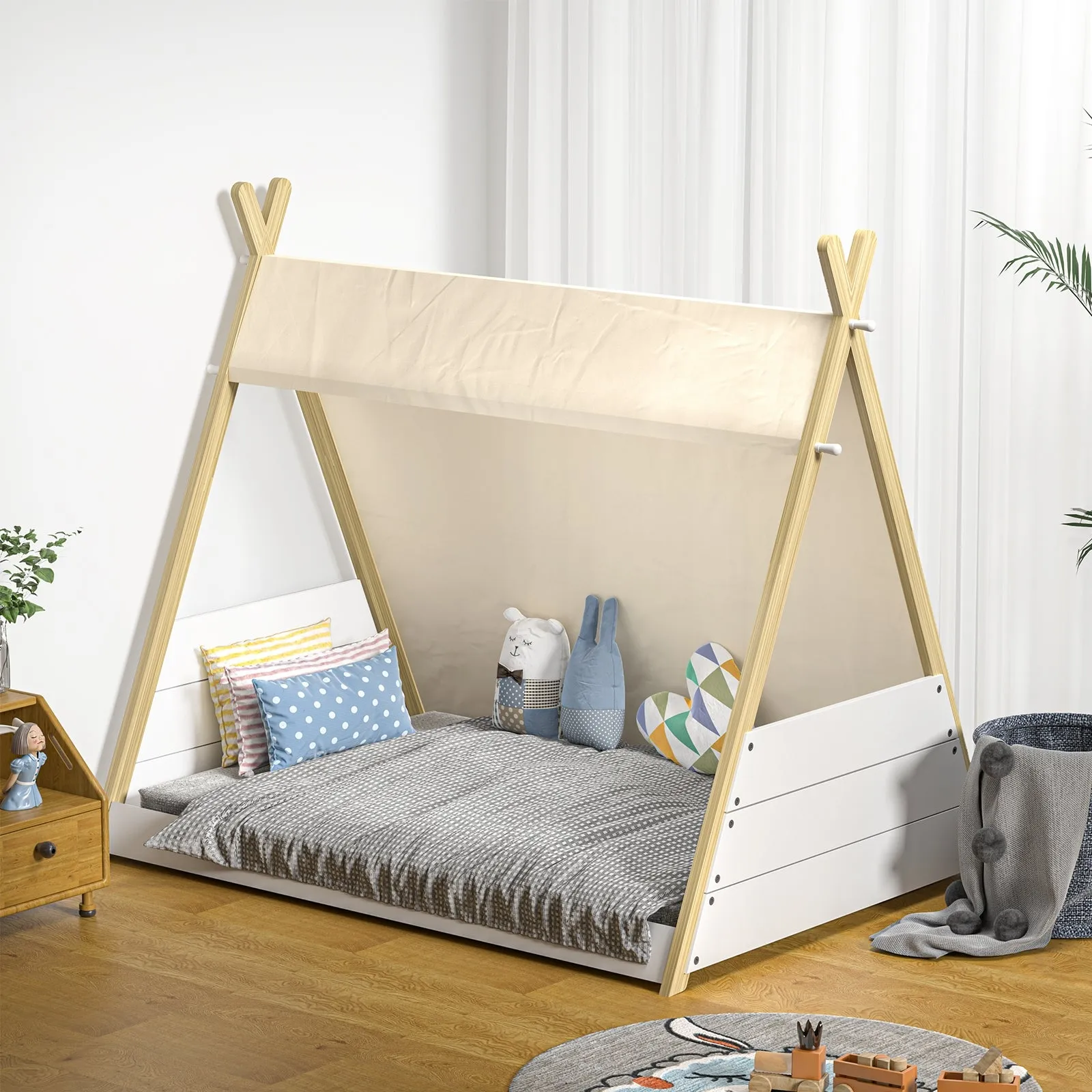 Oikiture Kids Bed Frame Wooden Timber Single Canvas Teepee Bed Frame Platform