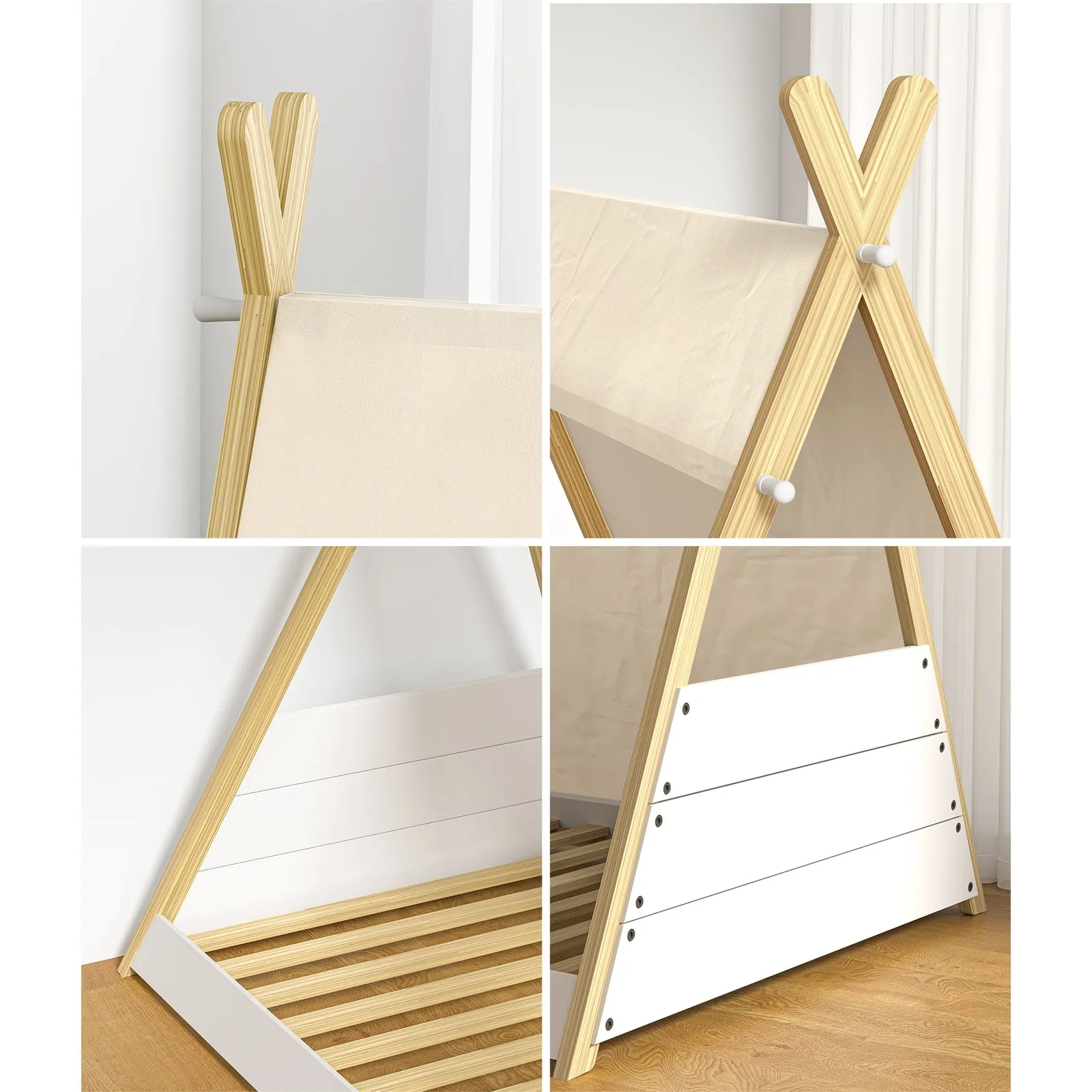 Oikiture Kids Bed Frame Wooden Timber Single Canvas Teepee Bed Frame Platform