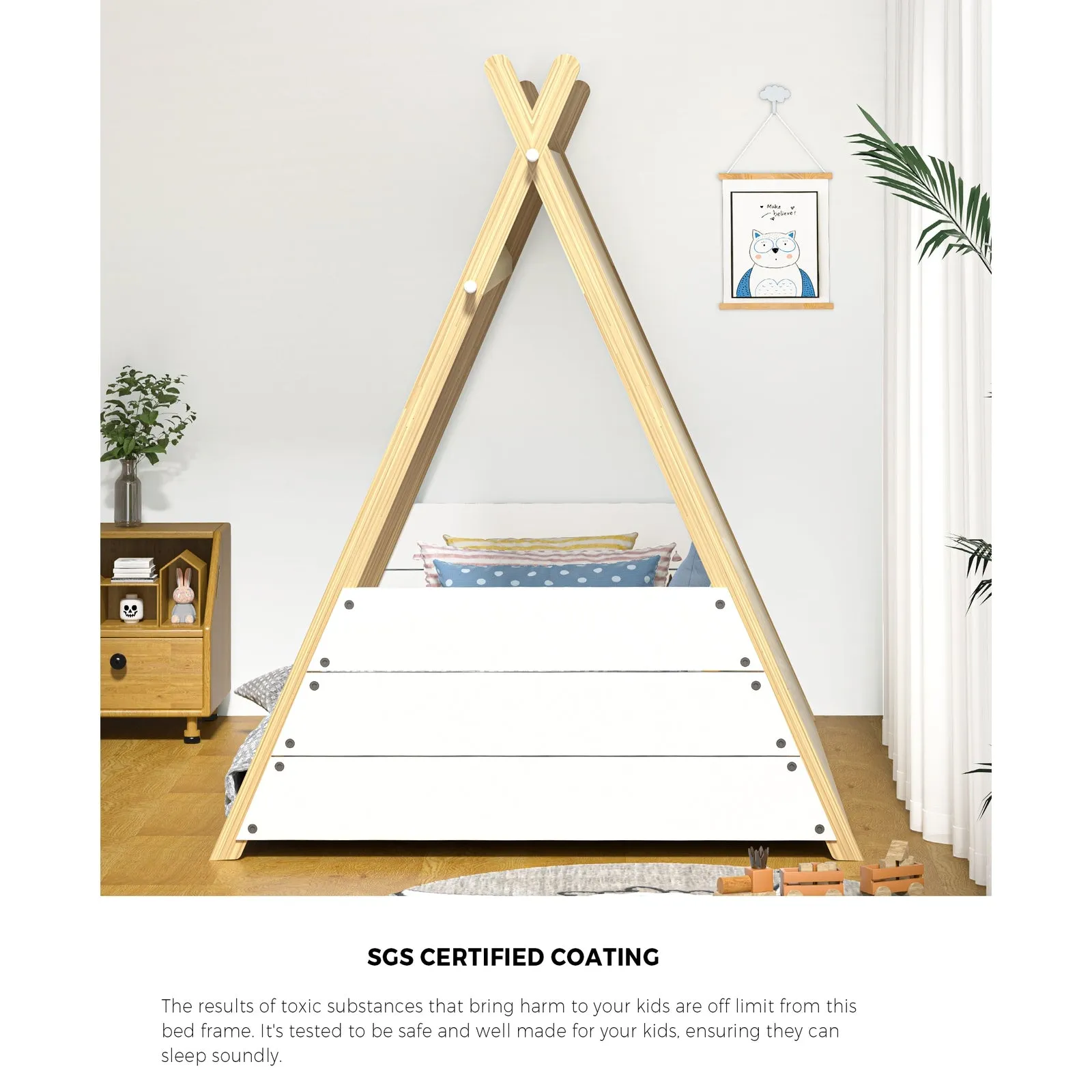 Oikiture Kids Bed Frame Wooden Timber Single Canvas Teepee Bed Frame Platform