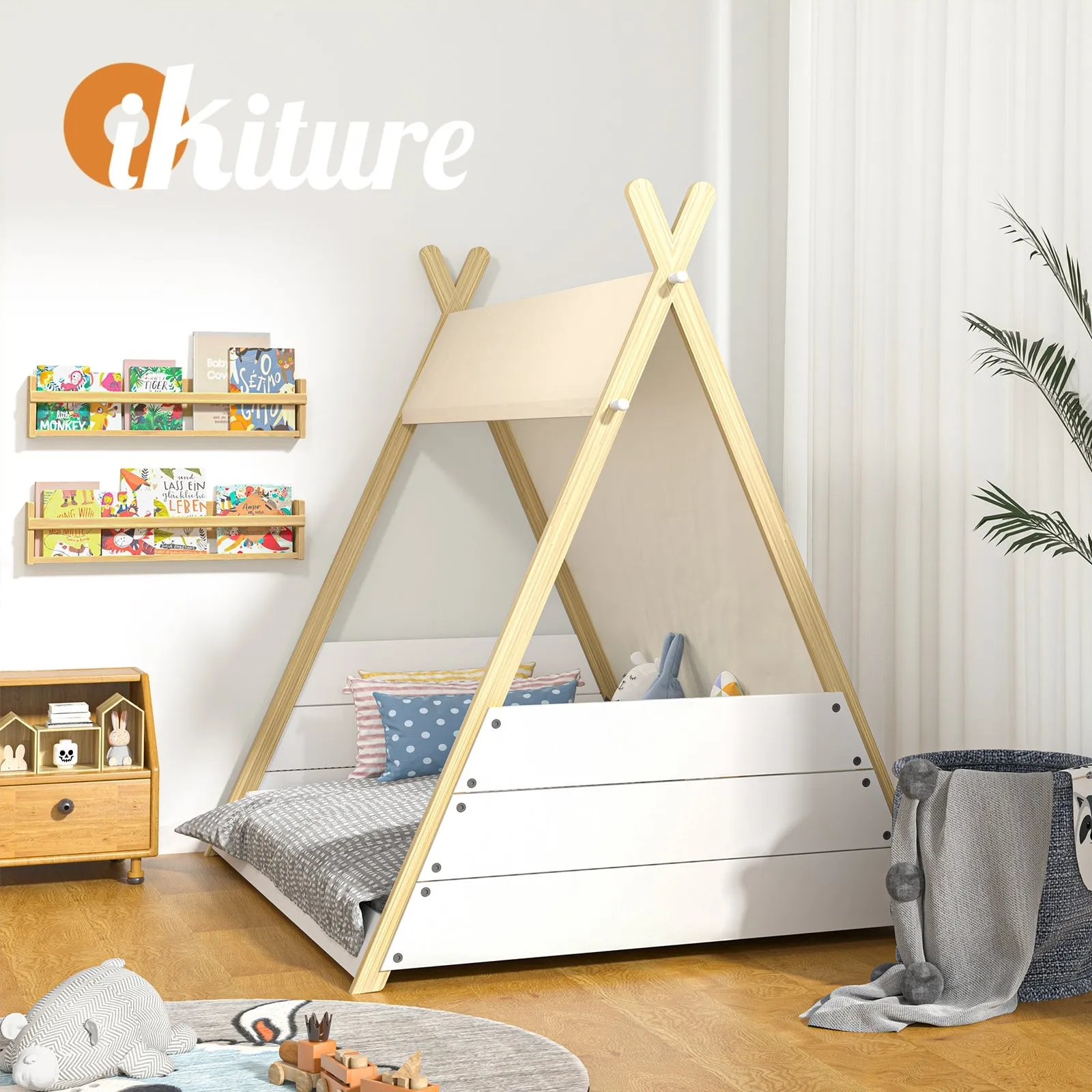 Oikiture Kids Bed Frame Wooden Timber Single Canvas Teepee Bed Frame Platform