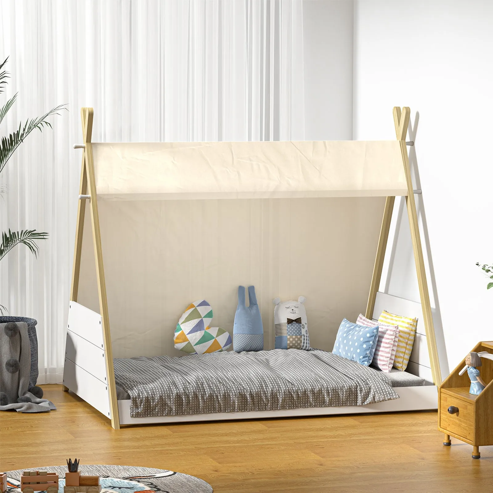 Oikiture Kids Bed Frame Wooden Timber Single Canvas Teepee Bed Frame Platform