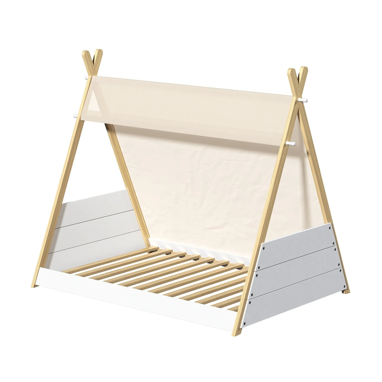 Oikiture Kids Bed Frame Wooden Timber Single Canvas Teepee Bed Frame Platform