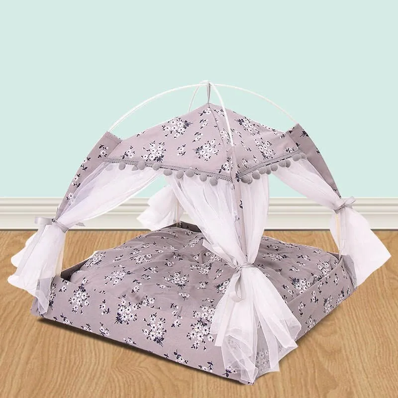 Pet Bed Cat Nest Princess Curtain Design Tent with Canopy & Flowers Pattern