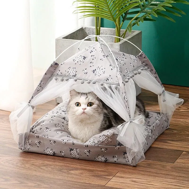 Pet Bed Cat Nest Princess Curtain Design Tent with Canopy & Flowers Pattern