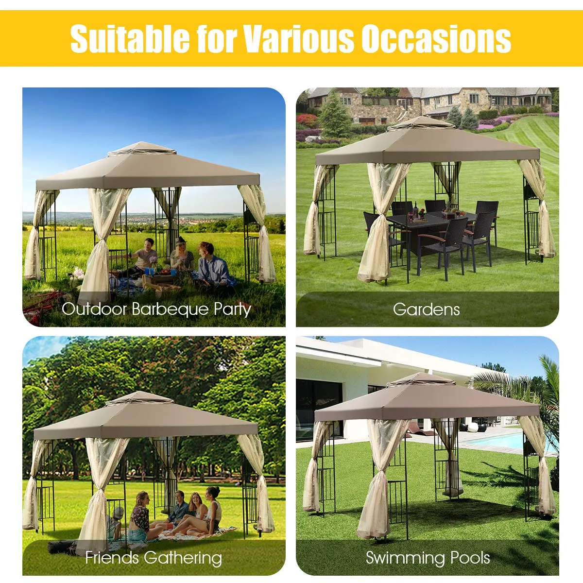 Tangkula 10x10 Feet Patio Gazebo, Outdoor Gazebo Canopy Shelter w/ Netting