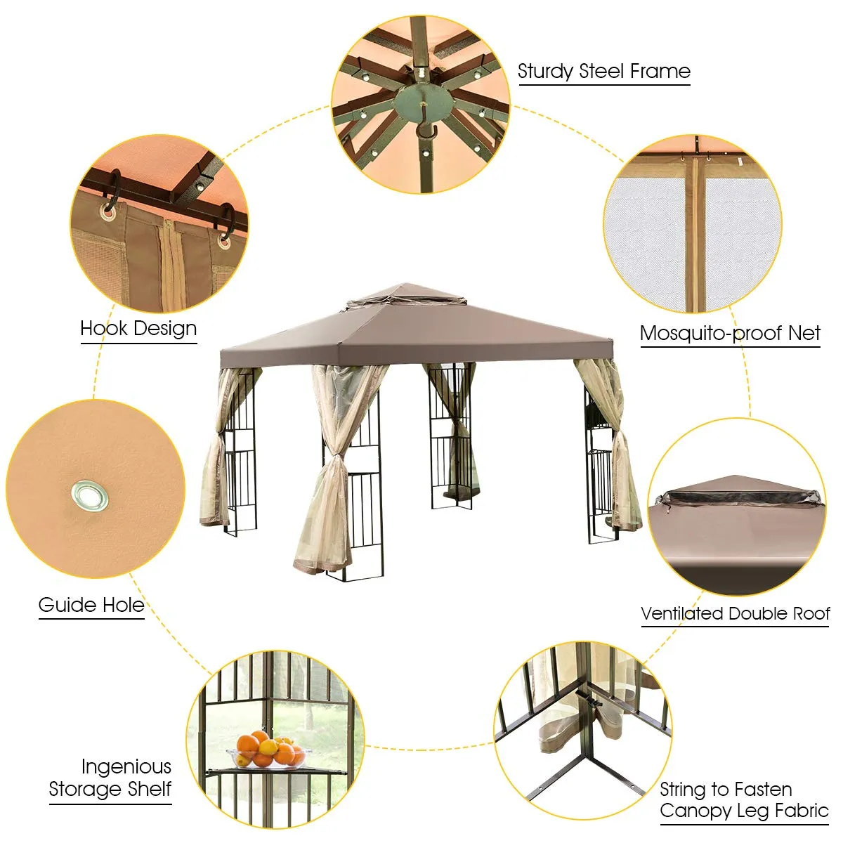 Tangkula 10x10 Feet Patio Gazebo, Outdoor Gazebo Canopy Shelter w/ Netting