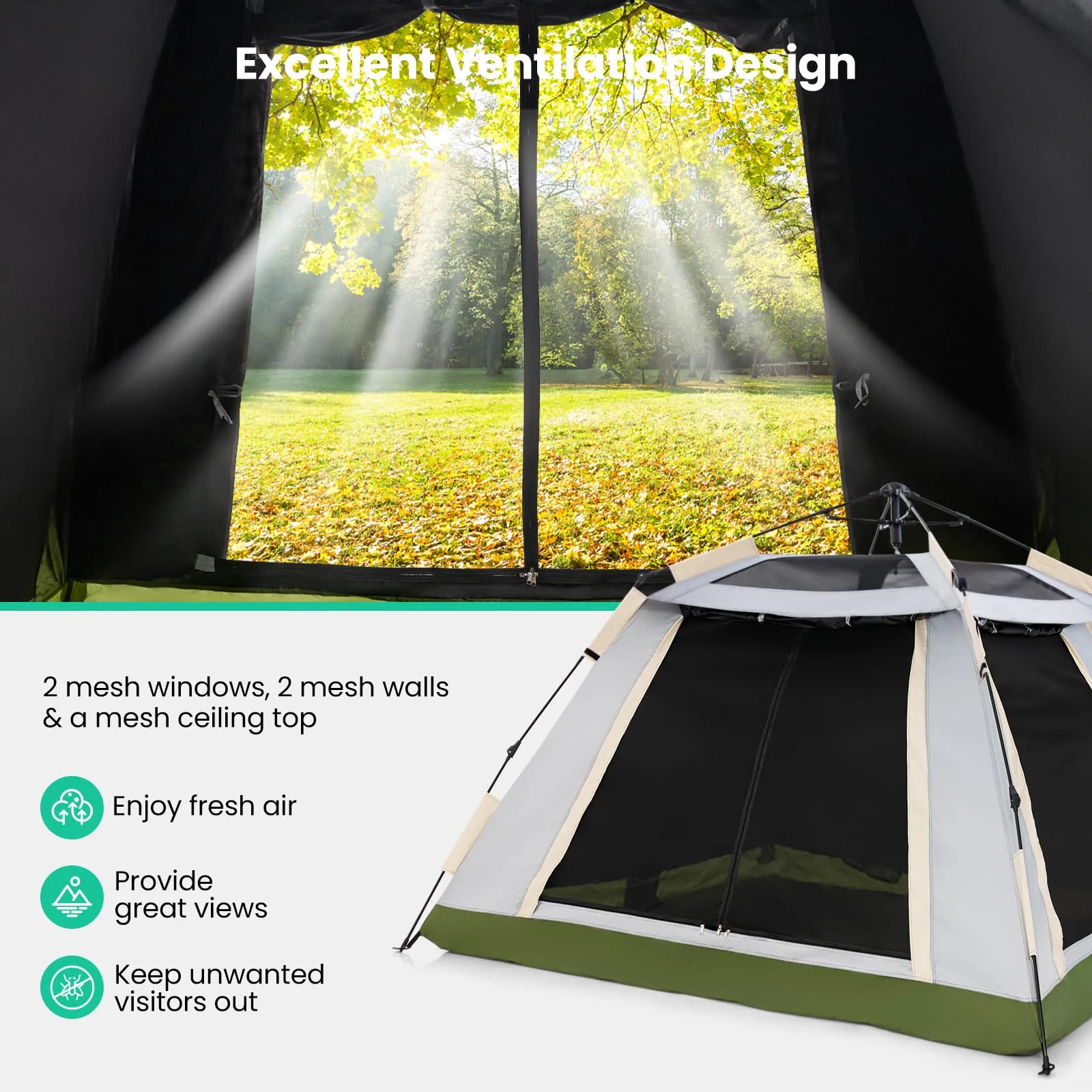 Tangkula 2-4 Person Pop Up Camping Tent, Portable Backpacking Tent with Removable Rainfly, 4 Mesh Walls, 2 Zippered Doors, Carrying Bag