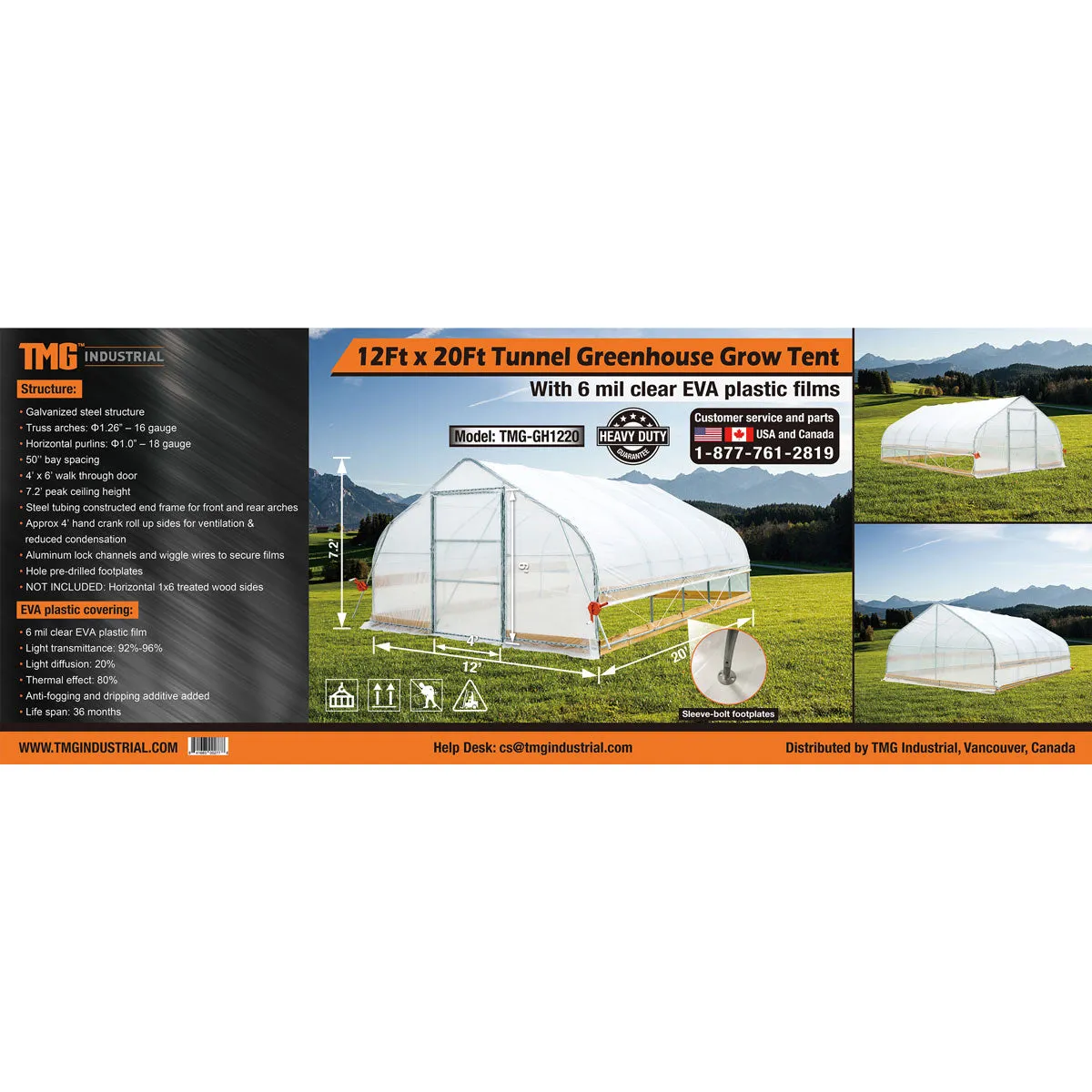 TMG Industrial 12’ x 20’ Tunnel Greenhouse Grow Tent w/6 Mil Clear EVA Plastic Film, Cold Frame, Hand Crank Roll-Up Sides, Peak Ceiling Roof, TMG-GH1220